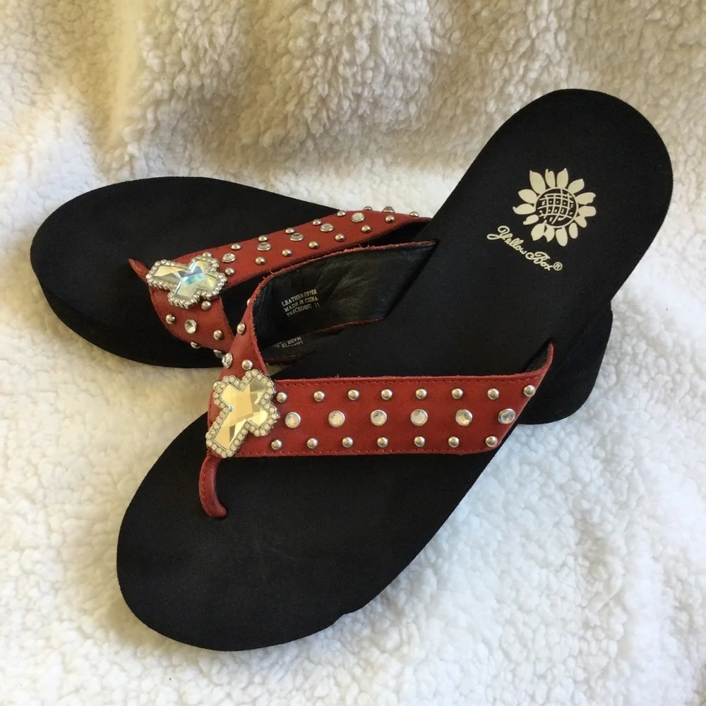 Yellow Box Leather Red Rhinestone sandals - Picture 3 of 3